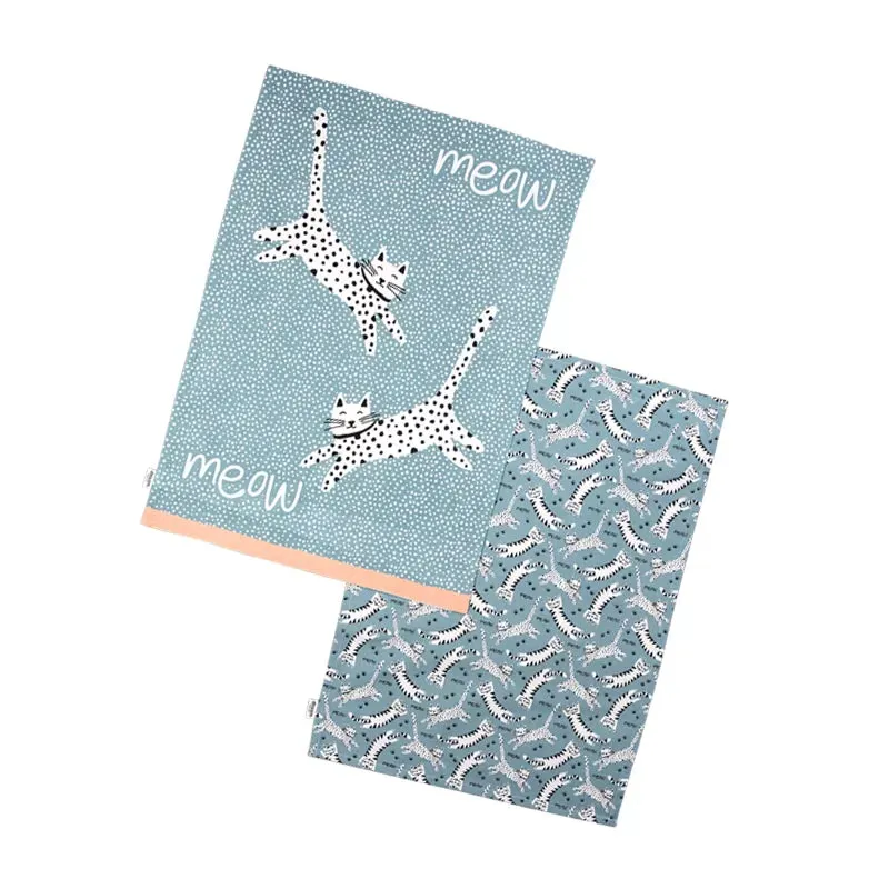 dexam-meow-geschirrtuch-set-aus-recycelter-baumwolle-2-teilig-blau-mit-katzen-mo image 1