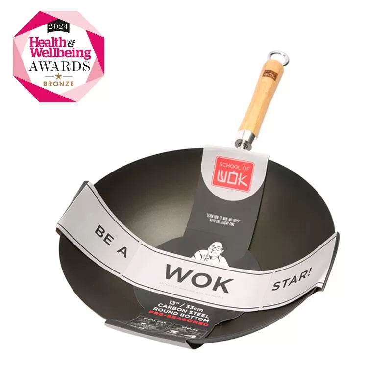 school-of-wok-33-cm-rundboden-wok-vorgew-rzter-carbonstahl-mit-bambusgriffen image 1