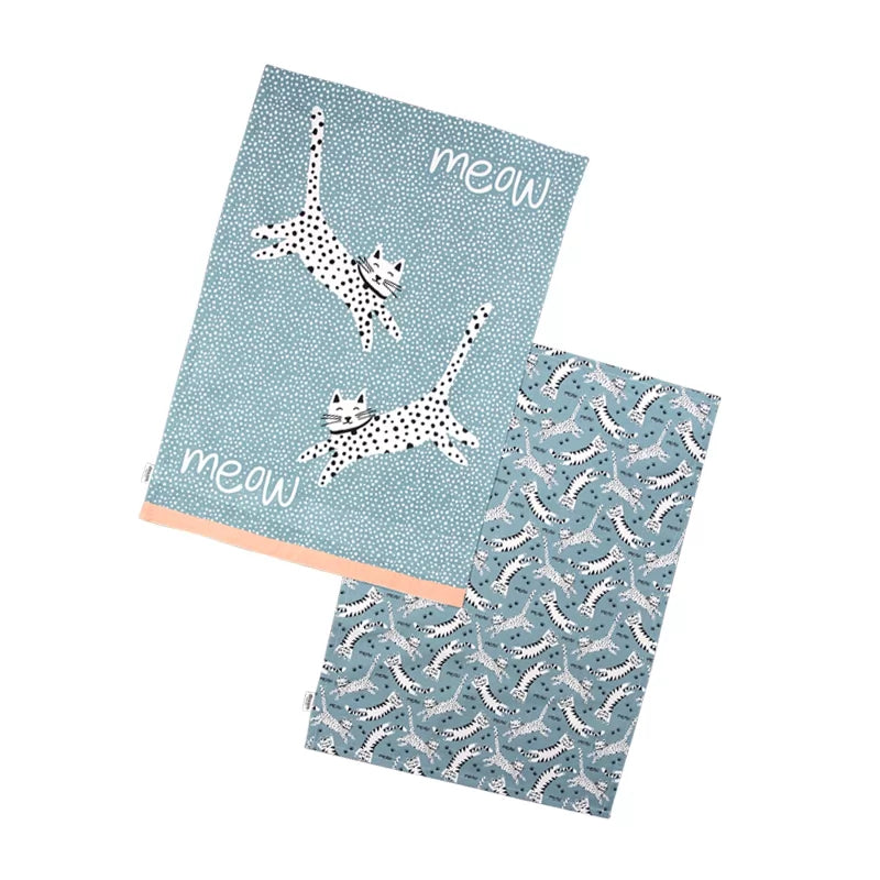 dexam-meow-geschirrtuch-set-aus-recycelter-baumwolle-2-teilig-blau-mit-katzen-mo image 1